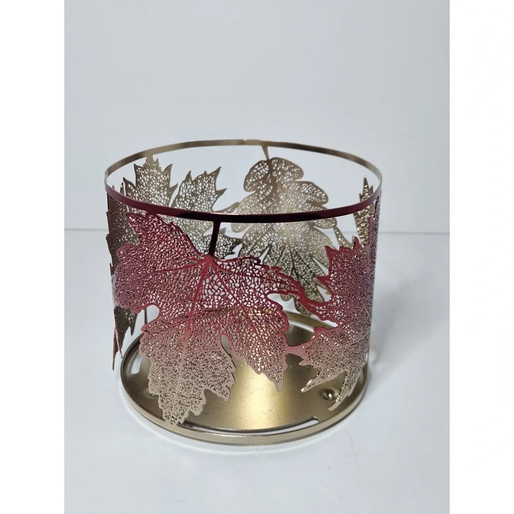 Bath Body Works Ombre Maple Leaves 3 Wick Candle Holder Fall Autumn Metal Sleeve